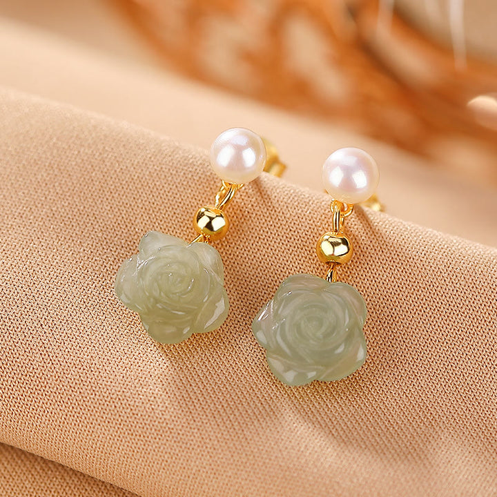 Buddha Stones 925 Sterling Silber vergoldet Jade Rose Blume Cyan Jade Perle Glück Ohrringe - Hetian Cyan Jade Perle - image 10