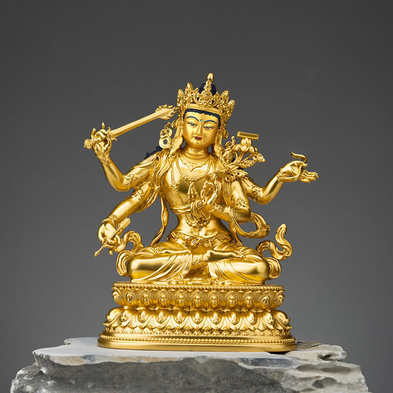 Vierarmige Manjusri Bodhisattva-Goldfigur, Mitgefühl, Gelassenheit, Kupferstatue, Heimdekoration - Bemaltes Gesicht, vierarmiger Manjushri Bodhisattva - 20 x 10 x 7 cm - image 0