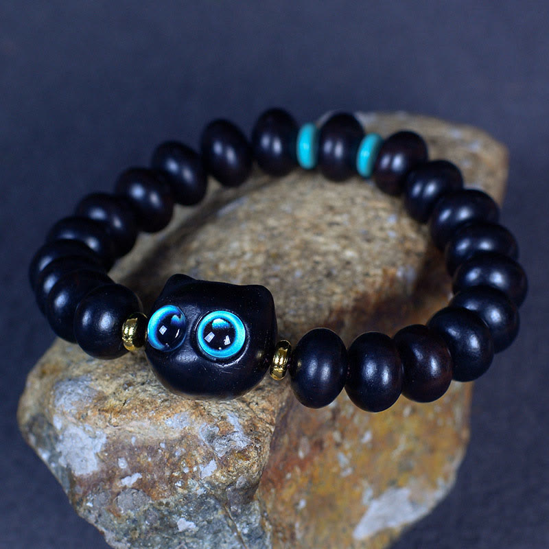 Buddha Stones, Ebenholz, Liuli-Glas, hübsches Katzen-Peace-Balance-Armband - image 5