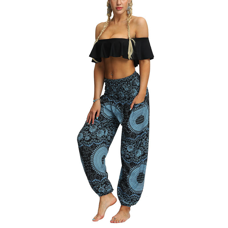 Buddha Stones Boho Lockere Haremshose mit geometrischem Elefantenmuster für Damen, Yogahose