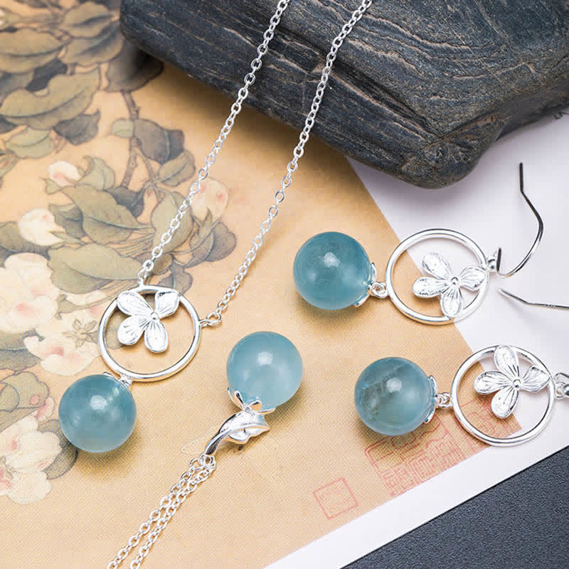 Buddha Stones 925 Sterling Silber natürliche Aquamarin Blatt Blume Frieden Ohrringe Halskette - image 1