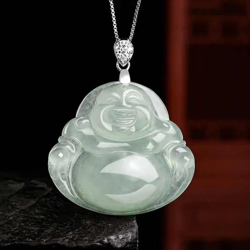Buddha Stones aus natürlichem Jade, lachender Buddha, Symbol für Wohlstand und Fülle, an einer Kette aus Titanstahl - Lachender Buddha (Glück♥Reichtum) - image 0