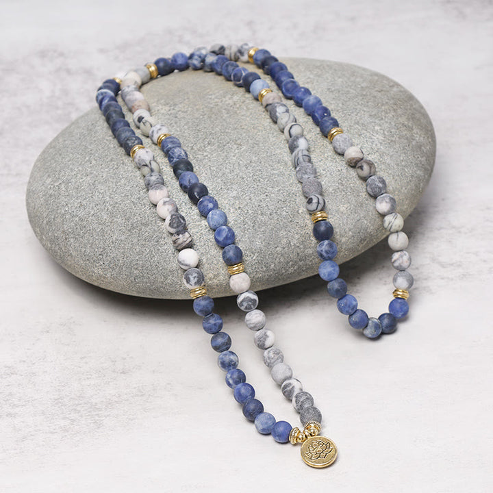Buddha Stones 108 natürliches Picasso-Jaspis- und Blaustein-Mala-Perlen-Lotus-Anhänger-Armband