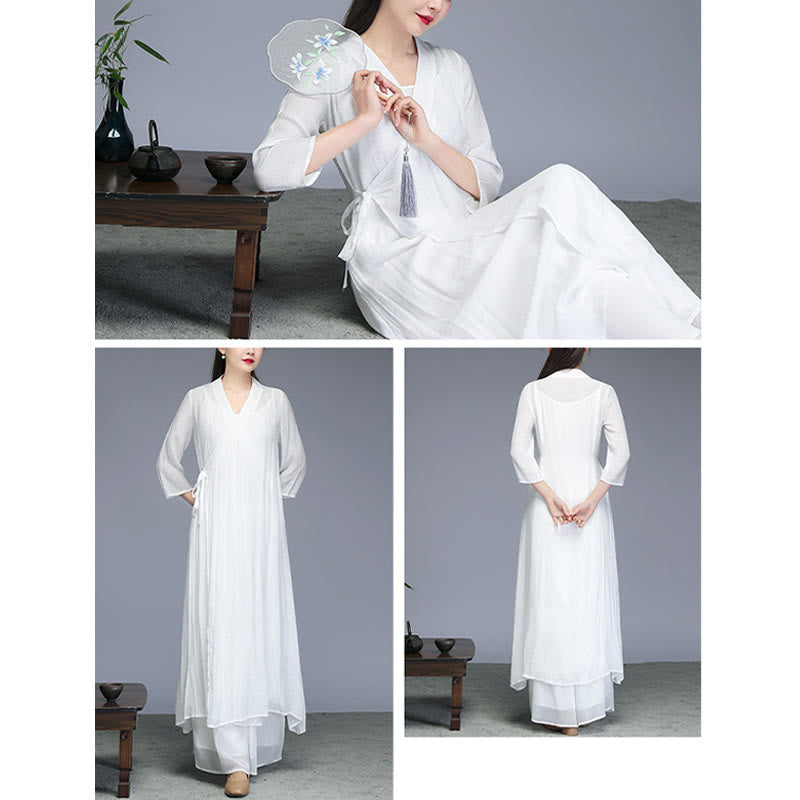 Midikleid im Hanfu-Stil mit Buddha-Steinen, Hose mit weitem Bein, Meditation, Zen-Praxis, Yoga, Tanzkleidung