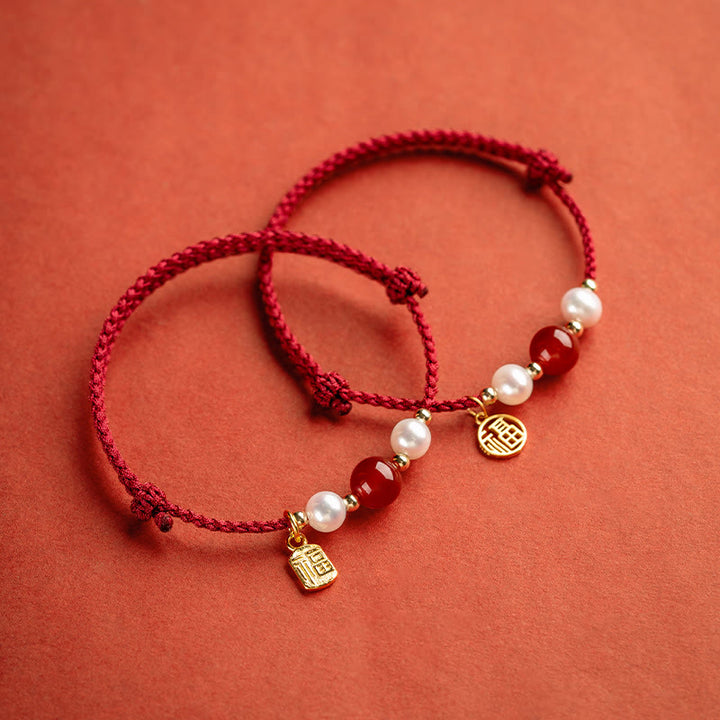 Armband mit Buddha Stonesn, 925er-Sterlingsilber, Glücksbringer, Fu-Charakter, Achat, Perle, rote Schnur - image 1