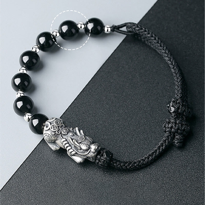 Buddha Stones 999 Sterling Silber FengShui PiXiu Natürlicher schwarzer Obsidian 925 Sterling Silber Bead Strength Armband - image 12