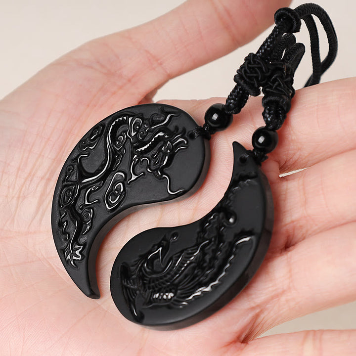 Buddha Stones, schwarzer Obsidian, Yin-Yang-Drache, Phönix, Glücks-Halsketten-Anhänger