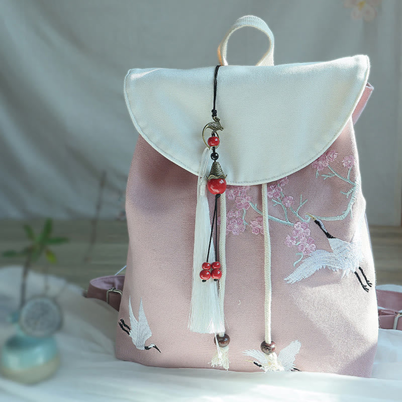 Handgemachter, bestickter Canvas-Rucksack mit Buddha Stones und großer Kapazität - Kirschweißer Kranich - image 31