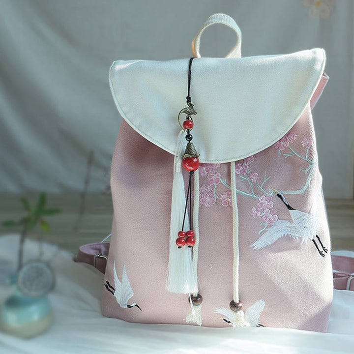 Handgemachter, bestickter Canvas-Rucksack mit Buddha Stones und großer Kapazität - Kirschweißer Kranich - image 31