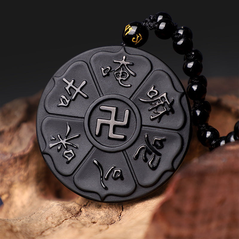 Buddha Stones Halskette, natürlicher schwarzer Obsidian, tibetisches Om Mani Padme Hum Buddha Hakenkreuz, Glück