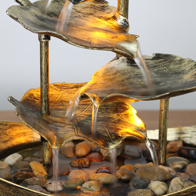 Buddha Stones, Lotusblatt-förmiger Wasserfall-Brunnen, Tischornamente mit LED-Licht, Heimbüro-Desktop-Dekoration