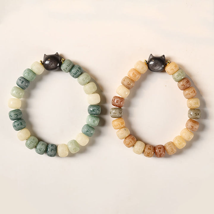Buddha Stones Bodhi Seed Silber glänzendes Obsidian-Katzenkopf-Armband mit Om Mani Padme Hum-Gravur für Harmonie - image 14