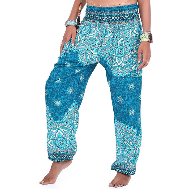 Buddha Stones Boho Lockere Haremshose mit geometrischem Elefantenmuster für Damen, Yogahose