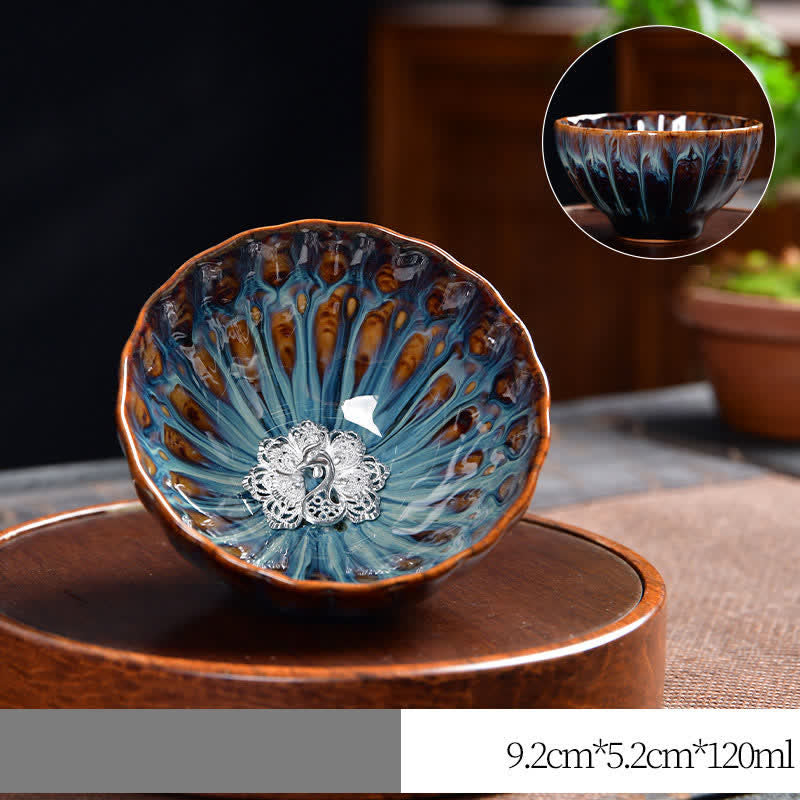 Teetasse aus Keramik mit Buddha Stones , Lotus, Pfau, Drache, Phönix, Koi-Fisch, eingelegte Teetassen, 120 ml - Silber - Pfau - image 18