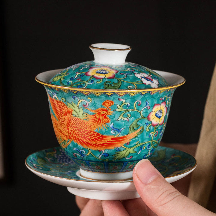 Buddha Stones Dragon Phoenix Flower Design Keramik Gaiwan Sancai Teetasse Kung Fu Teetasse und Untertasse mit Deckel - Grün - Phoenix 9,5 cm × 9,3 cm × 160 ml - image 0