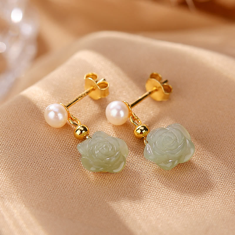 Buddha Stones 925 Sterling Silber vergoldet Jade Rose Blume Cyan Jade Perle Glück Ohrringe - image 11