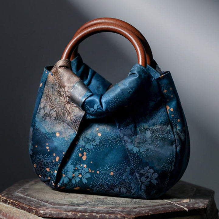 Buddha Stones Handtasche, handgefertigt, Jacquard, Blume, blau, mit Holzgriff