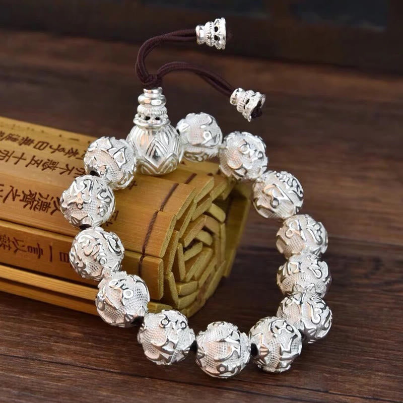 Buddha Stones Tibetisches Om Mani Padme Hum Amulett-Armband mit geschnitzten Legierungsperlen - Silber - 16 mm (Handgelenkumfang 16-20 cm) - image 13