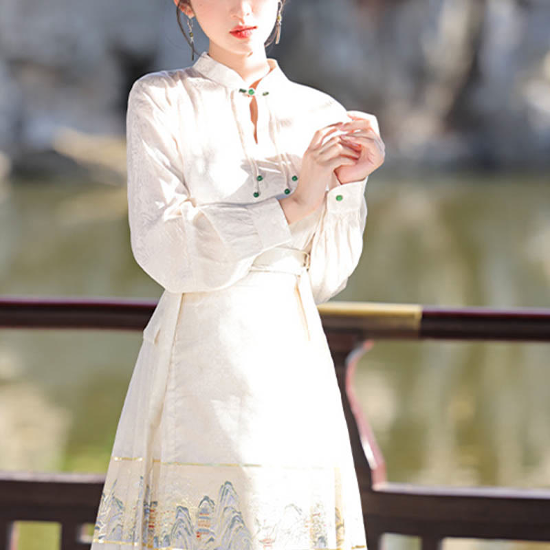 Buddha-Steine Beige Ein Panorama von Flüssen und Bergen Bedruckter chinesischer Hanfu-Rock mit Pferdegesicht Mamianqun