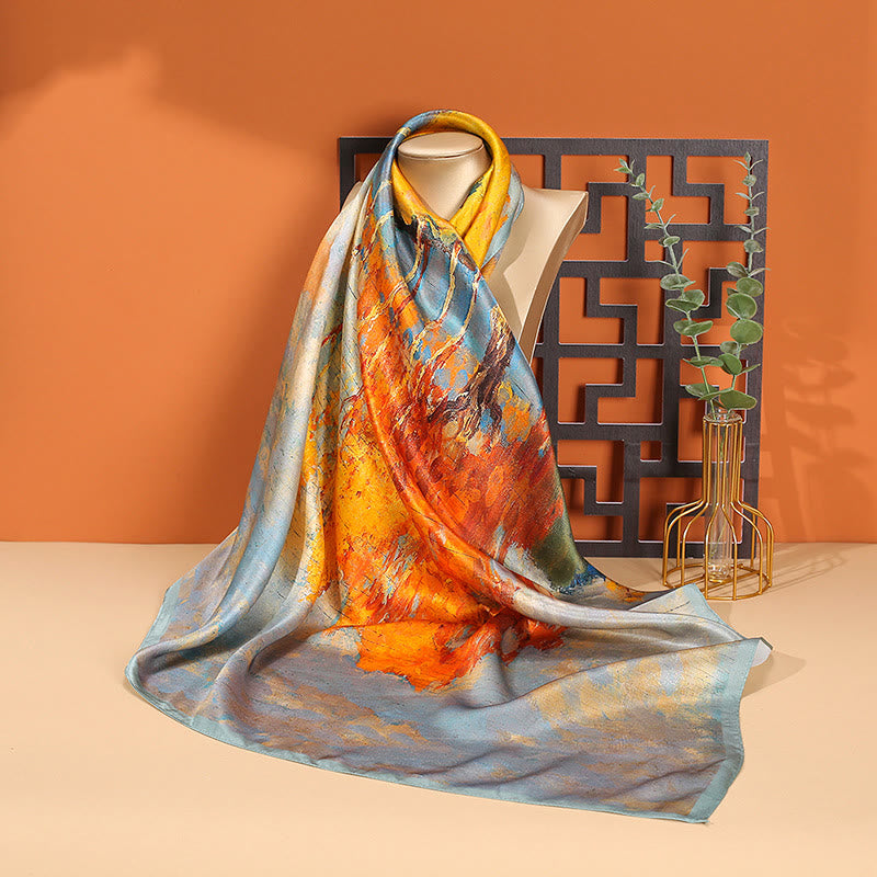 Buddha Stones ​​Ölgemälde Stadt Schnee Szene Schloss Lotus 100 % Maulbeerseide Halshaarschal - Ölgemälde - image 0