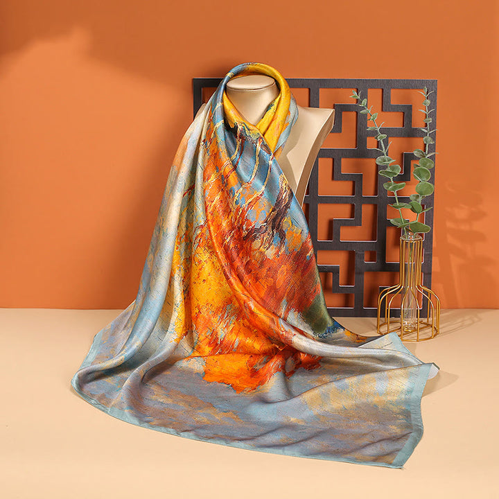 Buddha Stones ​​Ölgemälde Stadt Schnee Szene Schloss Lotus 100 % Maulbeerseide Halshaarschal - Ölgemälde - image 0