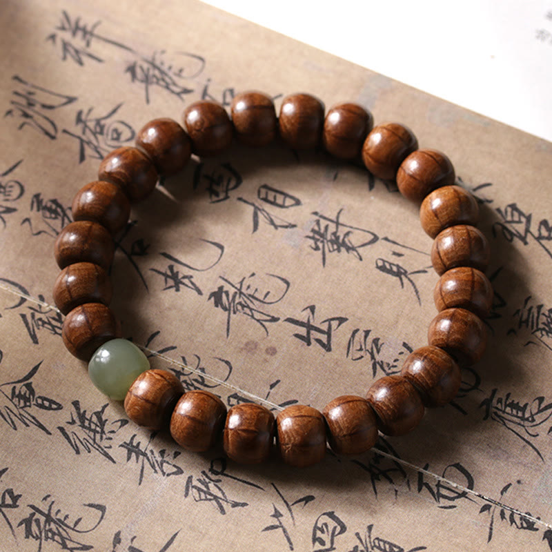 Buddha Stones Armband aus natürlichem Abelia Biflora-Holz, Hetian-Jade und Bambusperle, das böse Geister abwehrt