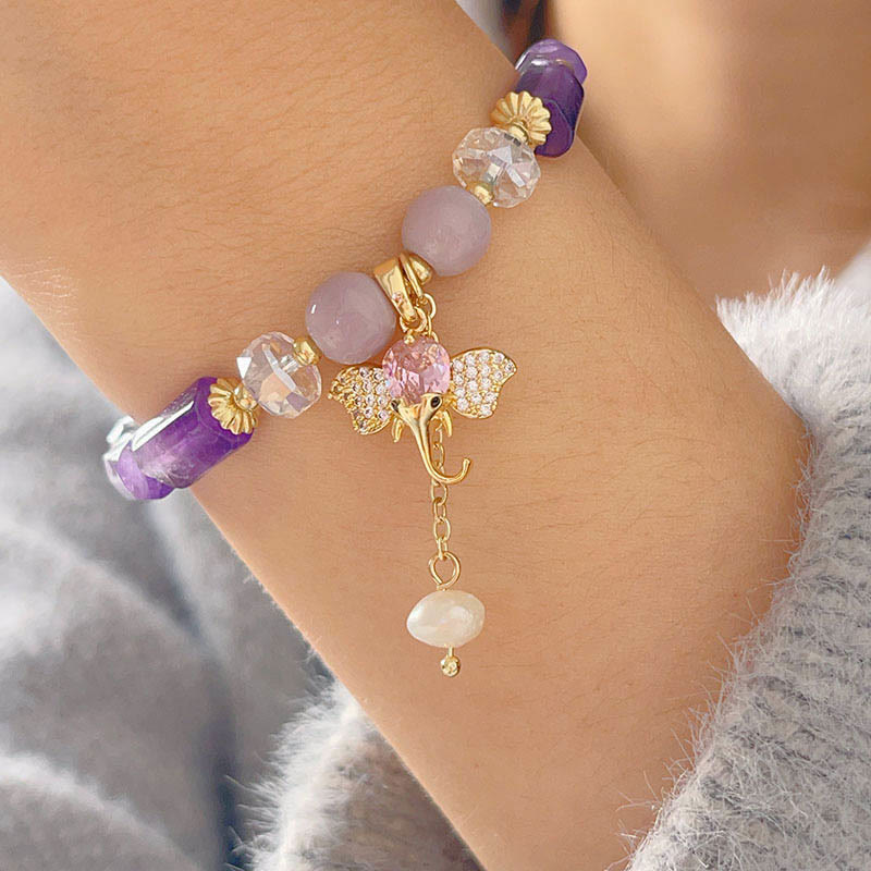 Buddha Stones Amethyst Grüner Aventurin Erdbeerquarz Positives Elefanten-Charm-Armband