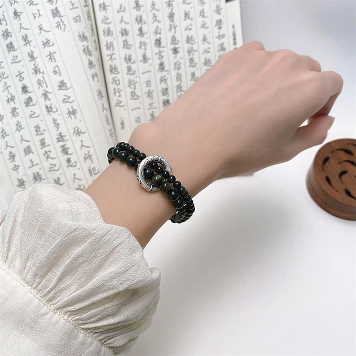 Buddha Stones Armband aus 999er-Sterlingsilber mit schwarzem Obsidian Fulfillment Strength, doppellagig