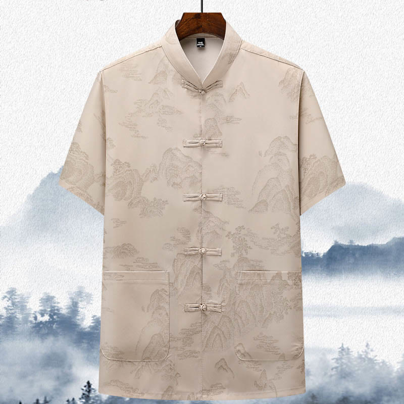 Buddha Steine Berge Bäume Tang Anzug Hanfu Traditionelle Uniform Kurzarm Top Hosen Kleidung Herren Set