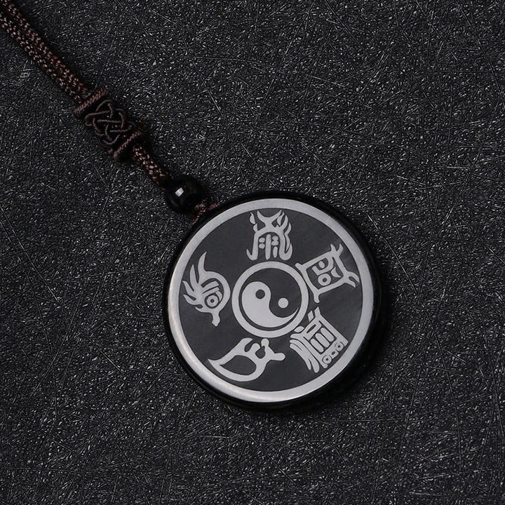 Buddha Stones, schwarzer Obsidian, Taoismus, fünf heilige Berge, Mantra mit neun Charakteren, geschnitzte Reinigung, Yin-Yang-Halskettenanhänger
