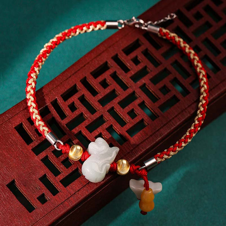 Buddha Stones, chinesisches Sternzeichen, Jade, Wohlstand, rote Schnur, Fußkettchen - Ratte (Armband/Fußkettchen Größe 19,5+4cm) - image 4