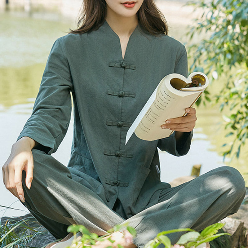 Spirituelle Zen-Praxis, Yoga, Meditation, Gebetsuniform, Baumwoll-Leinen-Kleidung, Damen-Set - Dunkelgrün - US18， UK/AU22，EU50 (6XL) - image 1