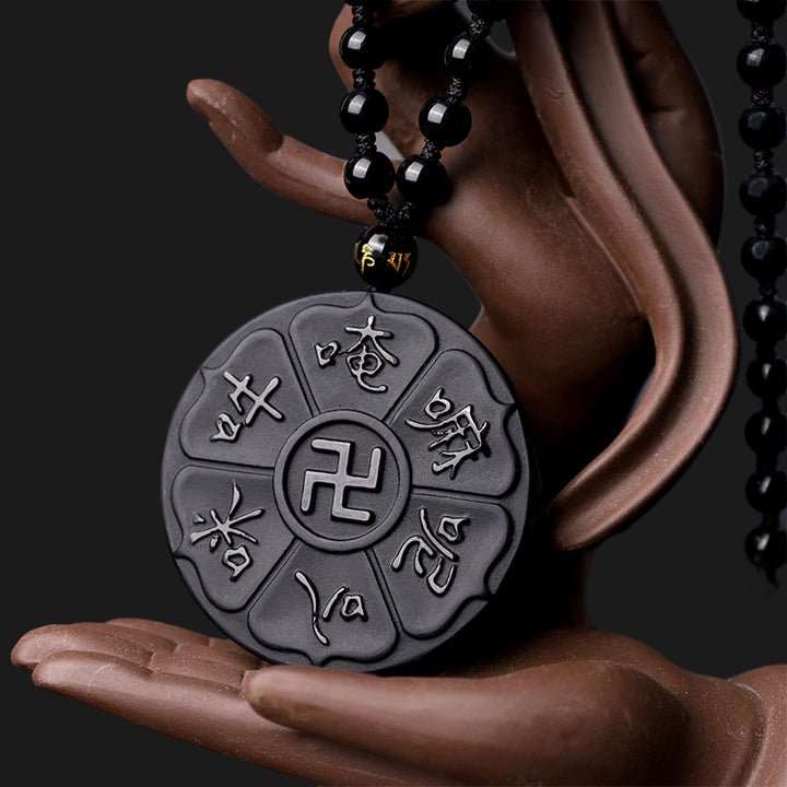 Buddha Stones Halskette, natürlicher schwarzer Obsidian, tibetisches Om Mani Padme Hum Buddha Hakenkreuz, Glück