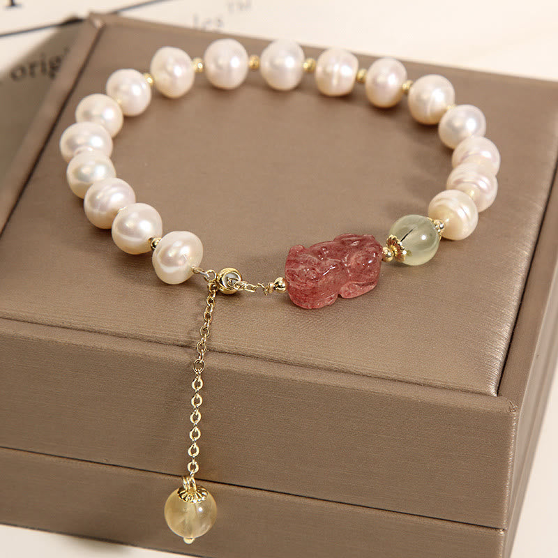 Buddha Stones Naturperlen-Erdbeerquarz-PiXiu-Optimismus-Charm-Armband - Pearl&PiXiu Erdbeerquarz - image 0