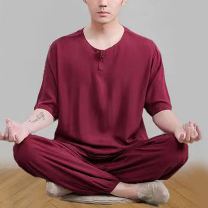 Buddha Stones 2-teiliges T-Shirt mit halben Ärmeln und Hose, Meditation, Zen, Tai Chi, Baumwolle, Leinen, Unisex-Kleidung