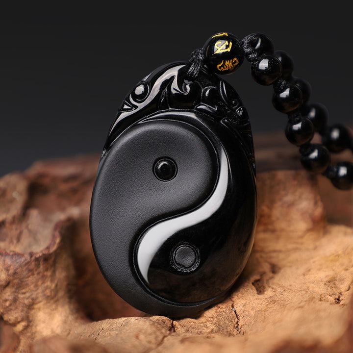 Buddha Stones Halsketten-Anhänger, natürlicher schwarzer Obsidian, Yin Yang, Fulfilment Strength