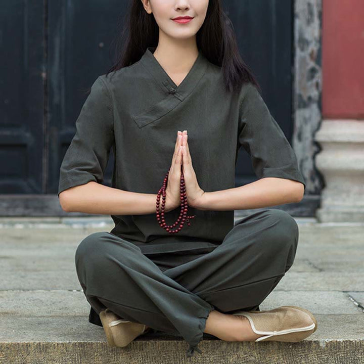 Buddha Stones 2-teiliges Set mit halblangen Ärmeln und V-Ausschnitt, Hemd, Oberteil und Hose, Meditation, Zen, Tai Chi, Leinenkleidung für Damen