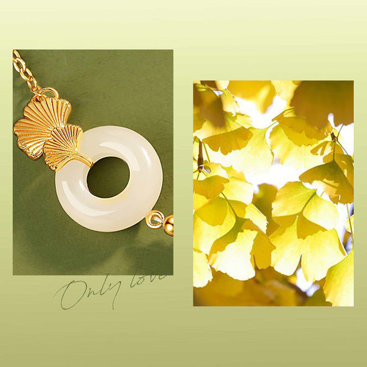 Buddha Stones 925 Sterling Silber Hetian Weiß Jade Friedensschnalle Ginkgoblatt Glücksarmband - image 7