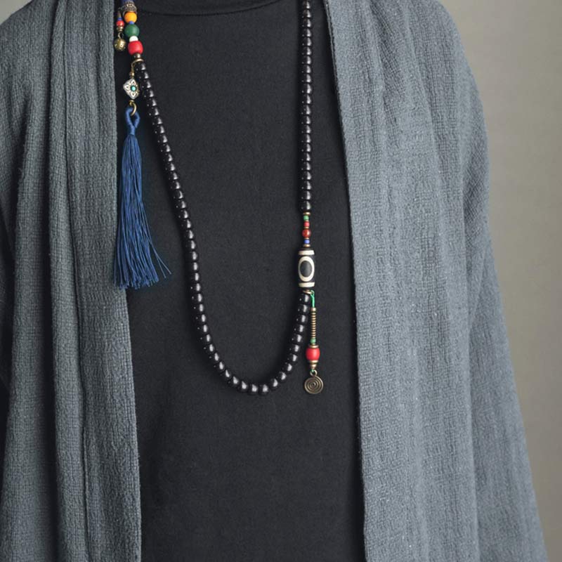 Buddha Stones 108 Perlen Mala Ebenholz Holz Dzi Perle Kupfer Balance Quaste Armband - image 6