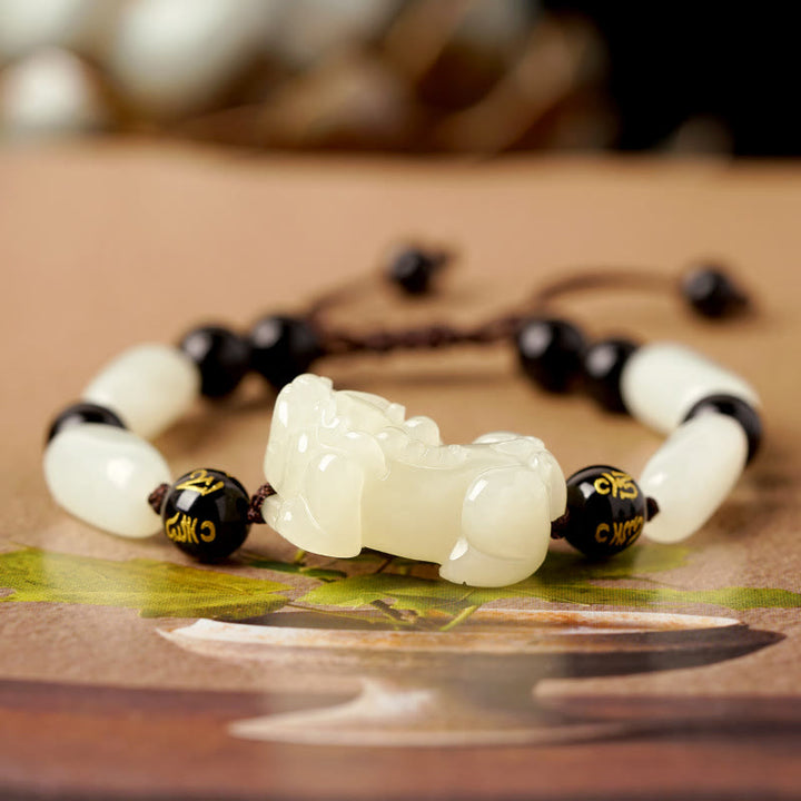 Buddha Stones PiXiu Wealth String-Armband aus natürlicher Weiß Hetian-Jade