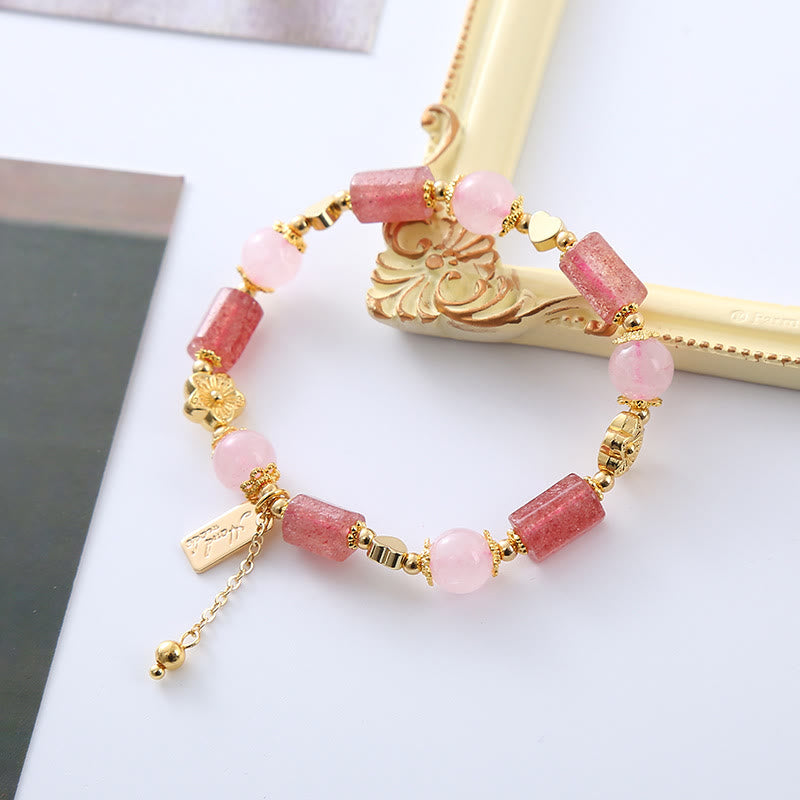 Buddha Stones Erdbeerquarz Rosa Kristall Liebesherz Blume Positives Armband - image 2