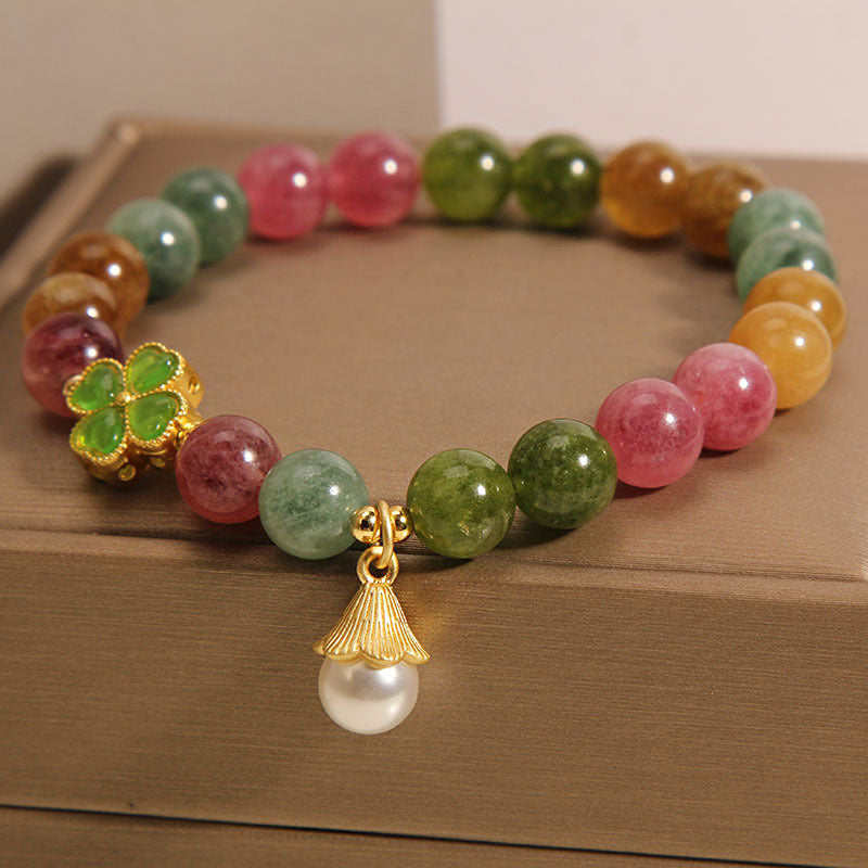 Buddha-Steine, buntes Turmalin-Armband mit vierblättrigem Kleeblatt und Blume, Weisheitsarmband