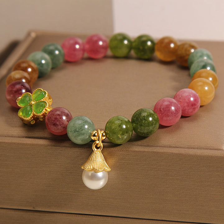 Buddha-Steine, buntes Turmalin-Armband mit vierblättrigem Kleeblatt und Blume, Weisheitsarmband