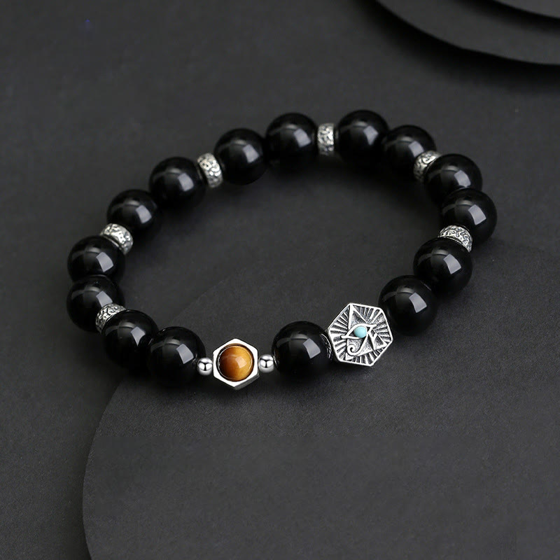 Buddha Stones 925 Sterling Silber Schwarzer Obsidian Tigerauge Auge der Vorsehung Reinigungsarmband - image 2