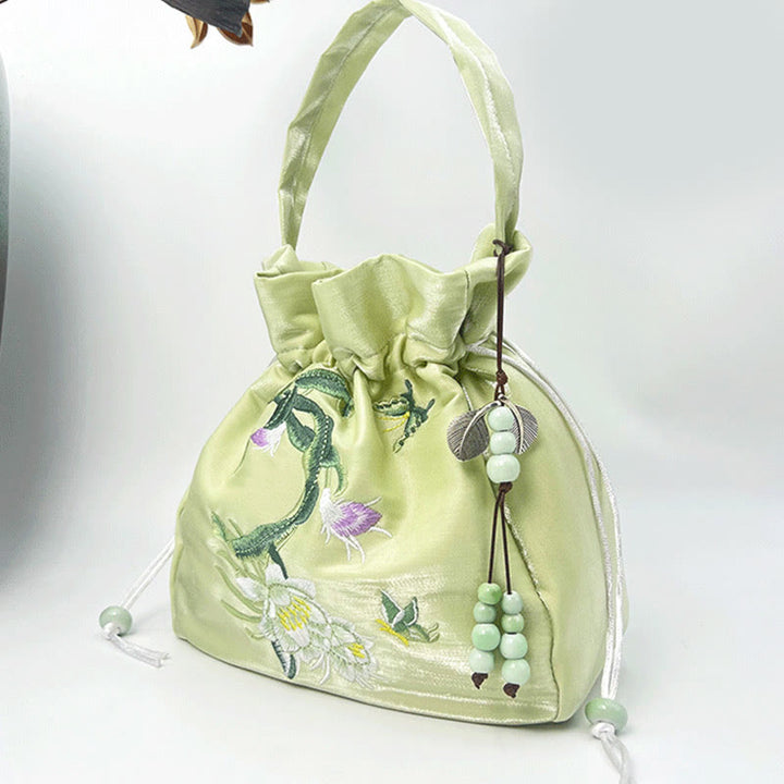 Buddha Stones bestickte Blumen Wisteria Lilie Baumwoll-Leinen Umhängetasche Schultertasche Handtasche