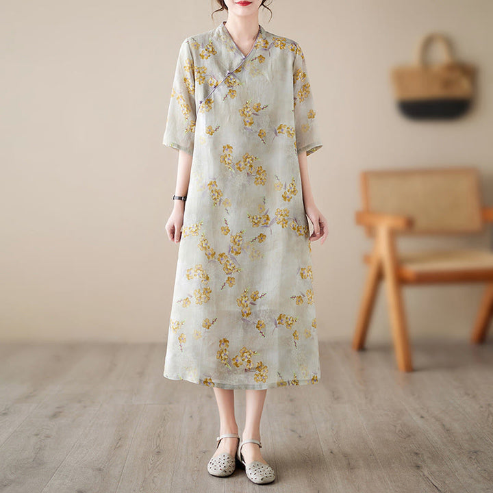 Buddha Stones – Cheongsam-Midikleid mit gelbem Blumen-Print, Baumwollleinen, Halbarmkleid mit Taschen