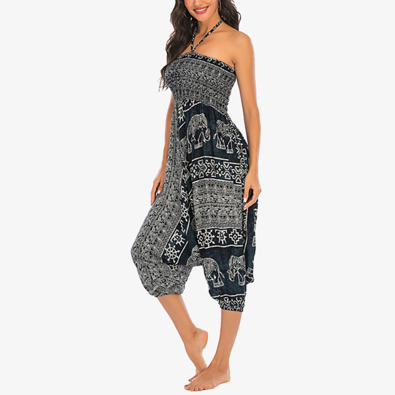 Buddha Stones Locker gesmokte Haremshose mit Elefantenmuster in zwei Stilen, Jumpsuit, Yogahose für Damen