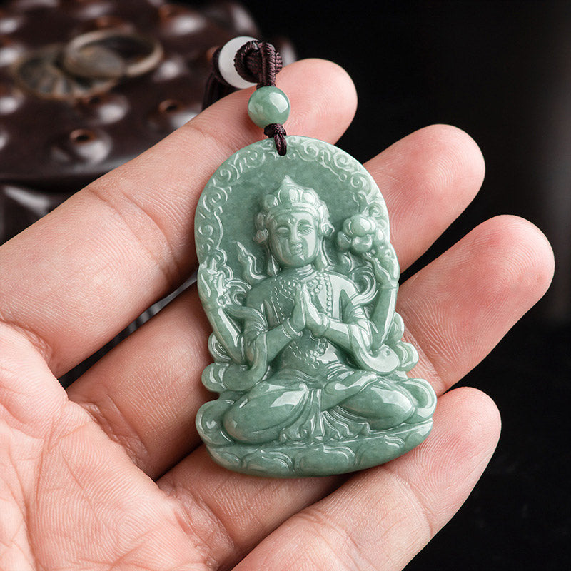 Vierarmige Avalokitesvara-Amulett-Segen-Halskette aus natürlicher Jade - image 4