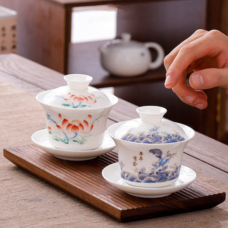 Buddha-Steine, Weiß Porzellan, Berglandschaft, Landschaft, Keramik, Gaiwan-Teetasse, Kung-Fu-Teetasse und Untertasse mit Deckel