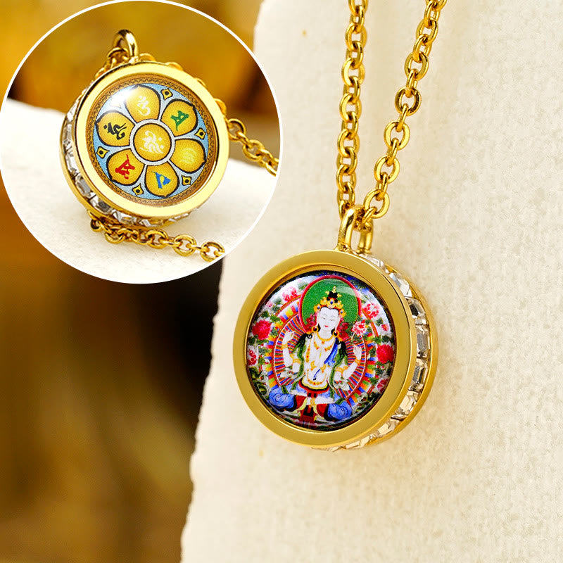 Buddha Stones, tibetischer gelber Gott des Reichtums, grüne Tara-Buddha-Gelassenheit, Halskettenanhänger aus Titanstahl - Vorne vierarmiger Avalokiteshvara, hinten Om Mani Padme Hum - image 16